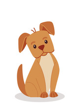 Little Brown Dog Is Sitting On A White Background. Illustration On The Postcard. Cute And Simple Print.