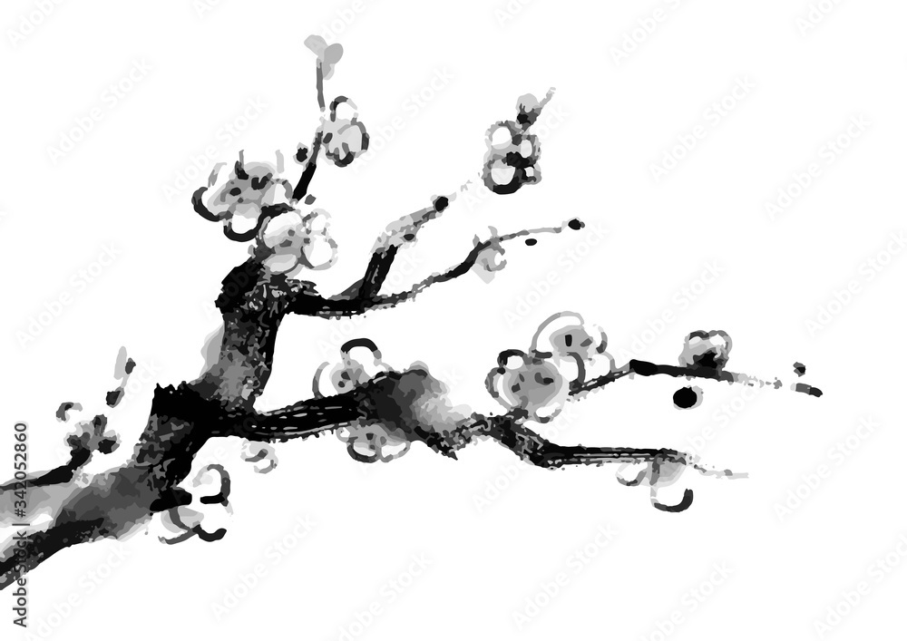 Vector de Stock 梅の木の水墨画イラスト 年賀状素材 | Adobe Stock
