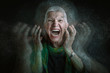 Portrait of old women, she becoming crazy and angry, dispersion motion