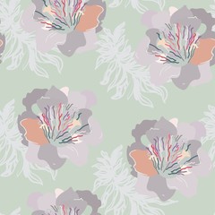 Wall Mural - Large, hand-drawn red-pink peonies flowers on a beige-cream background. Simple vector seamless pattern. Design for fabric and wallpaper