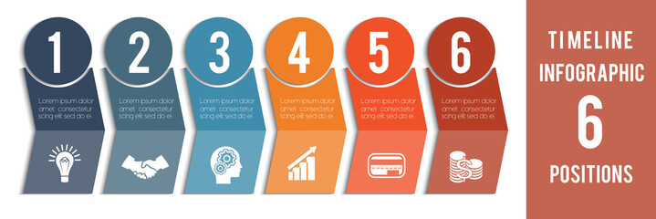 Template for  Infographic. Timeline of colored arrows and numbered circles.  Design for 6 position can be used for workflow, banner, diagram, web design, area chart