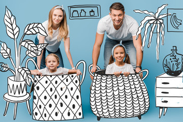 Wall Mural - smiling parents with children in baskets on blue, interior illustration