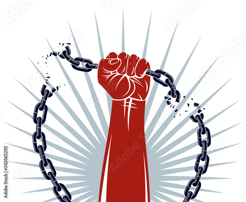 Slavery theme illustration with strong hand clenched fist fighting for freedom against chain, vector logo or tattoo, getting free, struggle for liberty Tableau sur Toile