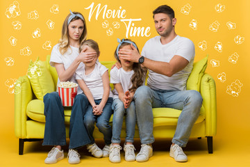Wall Mural - skeptical parents closing eyes to kids while watching movie on sofa with popcorn bucket on yellow, movie time and popcorn illustration