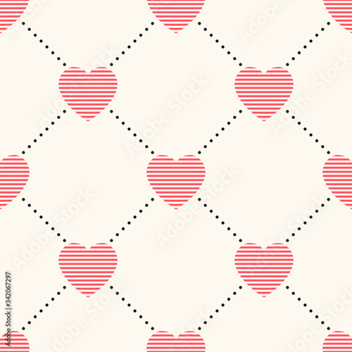 Seamless vector geometric pattern with striped hearts and polka dot. Romantic...