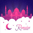 Islamic beautiful design template. Mosque with light. Ramadan kareem greeting card, banner, cover or poster. Vector illustration. EPS 10