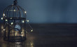 Conceptual photo of imprisonment during Coronavirus confinement.  A clock imprisoned in a bird cage on a wooden table. Selective focus on the clock.