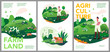 Vector set of spring and summer posters. Investments in animal husbandry, technologies and agribusiness development. Illustrations of farms and objects agronomy for a poster, banner, or postcard.