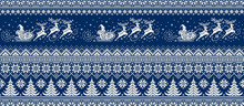 Santa Claus Rides Reindeer Sleigh Silhouette. Christmas Pixel Pattern. Traditional Nordic Seamless Striped Ornament. Scheme For Knitted Sweater Pattern Design Or Cross Stitch Embroidery.
