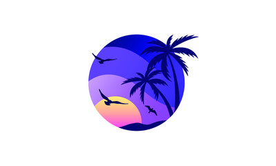 Wall Mural - Vector Illustration of a Tropical Beach Paradise Island with Palm Trees and Sunset