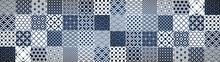 Blue Gray White Bright Vintage Retro Geometric Square Mosaic Motif Cement Tiles Texture Background Banner Panorama