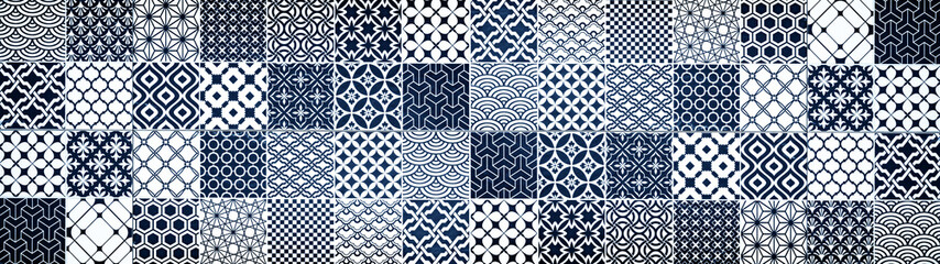 Aufkleber - Blue gray white bright vintage retro geometric square mosaic motif cement tiles texture background banner panorama