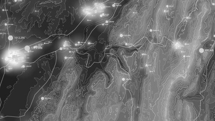 Terrain big data visualization. Futuristic map infographic. Complex topographical data graphic visualization. Abstract data on elevation graph. Monochrome geographical data image.