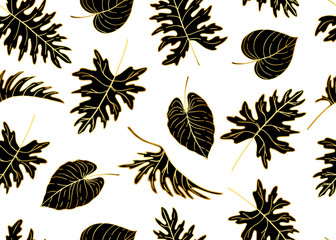 Wall Mural - Gold and black seamless pattern with different tropical leaves. Vector illustration.