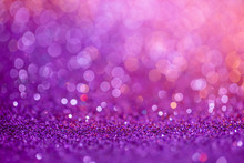 Decoration Bokeh Glitters Background, Abstract Blurred Backdrop With Circles,modern Design Overlay With Sparkling Glimmers. Purple, Pink And Golden Backdrop Glittering Sparks With Glow Effect