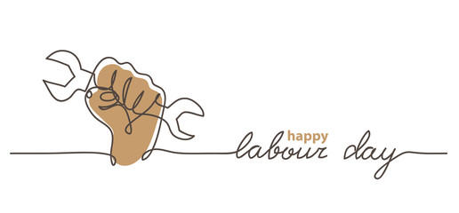 Wall Mural - Happy Labour Day simple vector web banner. Hand, first and wrench. Lettering Labour Day. Minimalist background, banner, poster.