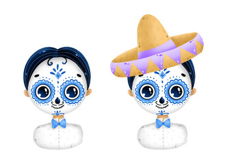 Portrait of a cute cartoon mexican boy with skull makeup in sombrero on a white background