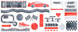 Big Racing Collection of various speed symbols, motor sport signs, flags, arrows, award pedestal, sneaker, love heart and seamless borders. Hand drawn watercolour painting, cutout elements for design.