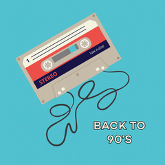 Back to 90's - retro poster template with unrolled audio cassette tape