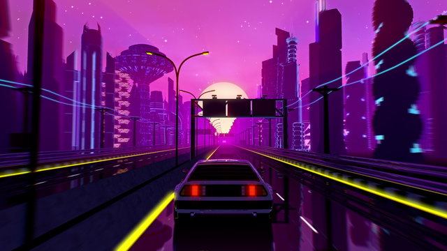 Wall Mural - Retro-futuristic 80s style drive in neon city. Cyberpunk sunset landscape with a moving car on a highway road. VJ synthwave looping 3D illustration for music video. 4K stylized vintage