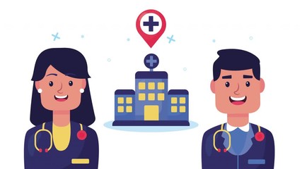 Sticker - doctors couple with hospital building