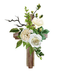 Christian wooden cross decorated with white roses and leaves