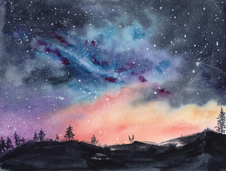 watercolor illustration of a colorfl night starlit sky and hills with fir trees and grass