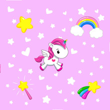 Little Pink Unicorn, Star, Rainbow, Magic Wand On A Pink Background. Icons. Flat Lay, Top View