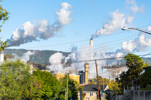 Covington, Virginia City In Alleghany County Small Town And Smog Pollution From Paper Mill Smokestack During Autumn Day