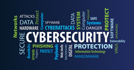 cybersecurity word cloud on a blue background