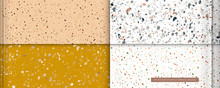 Set Of Four Textures Live Coral Color In The Style Of Terrazzo Venziano. Pattern For Ceramics Marble Natural Stone Abstract