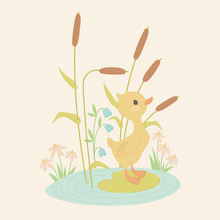 Cute Yellow Duckling Surrounded By Flowers, Reed And Water. Vector Illustration
