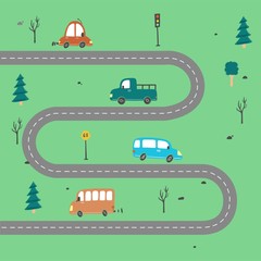 Cartoon cute kids map with car, road, city landscape elements. Cars, building, road of hand drawn, children toy style. Vector illustration.