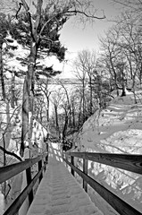 Wall Mural - A winter landscape with a long snow-covered stairway leading downward between two canyon walls to a river.