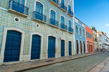 São Luis, Maranhão, Brazil on August 6, 2016. Facades of old buildings in the historic center. Highlighting the doors, windows and tiles from the Brazilian colonial period