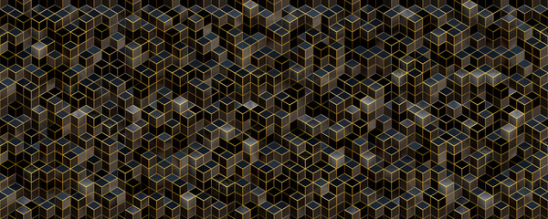 Wall Mural - 3d render black cube with gold line background