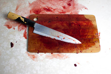 Knife With Grunge Of Blood On Wood Floor, Halloween Bloody Murder Or Death Crime Killer Violation Concept.