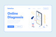 Landing Page Template Online Diagnosis Woman Doctor Smarthphone Stethoscope DNA Health Isometric Illustration