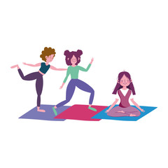 Wall Mural - young group women training yoga meditation, exercises activity