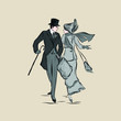© Irina Angelic - Lady and gentleman on walk. Couple in vintage style from the nineteenth century.