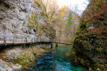 bridge over the mountain river and green water