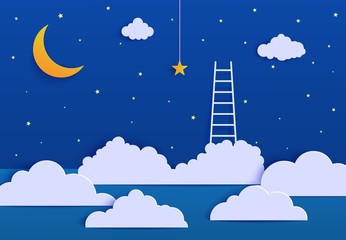 Wall Mural - White ladder to pick the star above cloud in paper cut style. Papercut night landscape climbing on ladder to sky and trying to catch dream star. Follow your dreams vector motivational poster concept.