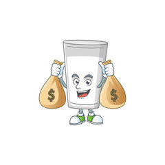 Poster - Blissful rich glass of milk cartoon character having money bags