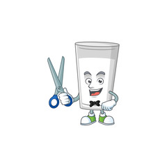 Sticker - Cute Barber glass of milk cartoon character style with scissor