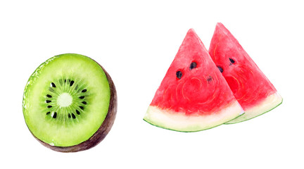 Wall Mural - Kiwi fruit watermelon set watercolor isolated on white background