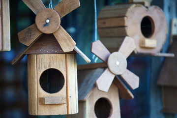close up of wooden bird house as background