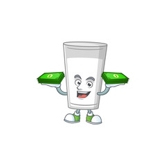 Sticker - A cheerful glass of milk mascot design with some money on hands