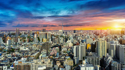 Fototapete - Panorama of Tokyo cityscape at sunset in Japan.
