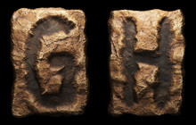 Set Of Rocky Letters G, H. Font Of Stone On Black Background. 3d
