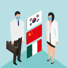 Wall Mural - professional doctors using face masks with country flags